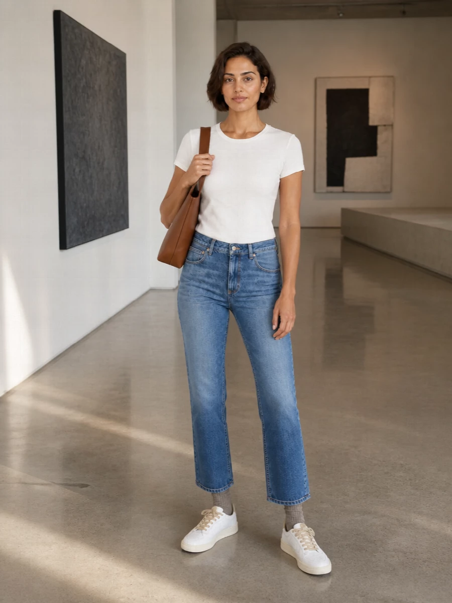 A soft white tee meets clean mid-indigo denim for a simple, sport-leaning uniform that still feels considered. Off-white court sneakers keep the lines relaxed and grounded, while the chestnut tote and taupe socks warm up the palette with a subtle, modern edge. It is an easy city-ready combination that moves from errands to casual meetups without losing its stripped-back clarity.
