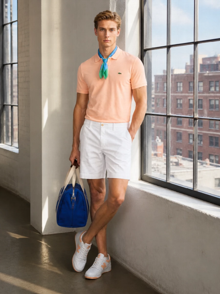 Soft peach and crisp white keep this pairing light and fresh, with tailored chino shorts sharpening the classic polo into something a touch more polished. Peach-accent court sneakers quietly echo the top, while the collegiate duffle and subtle scarf bring in just enough color to suggest a day that moves from court to café. It is sporty, preppy and easy to wear without feeling basic.