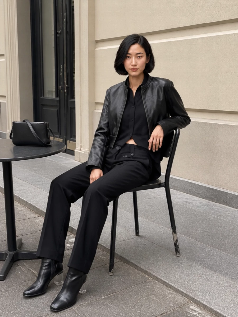 Mm6 margiela cropped leather jacket wide leg trousers