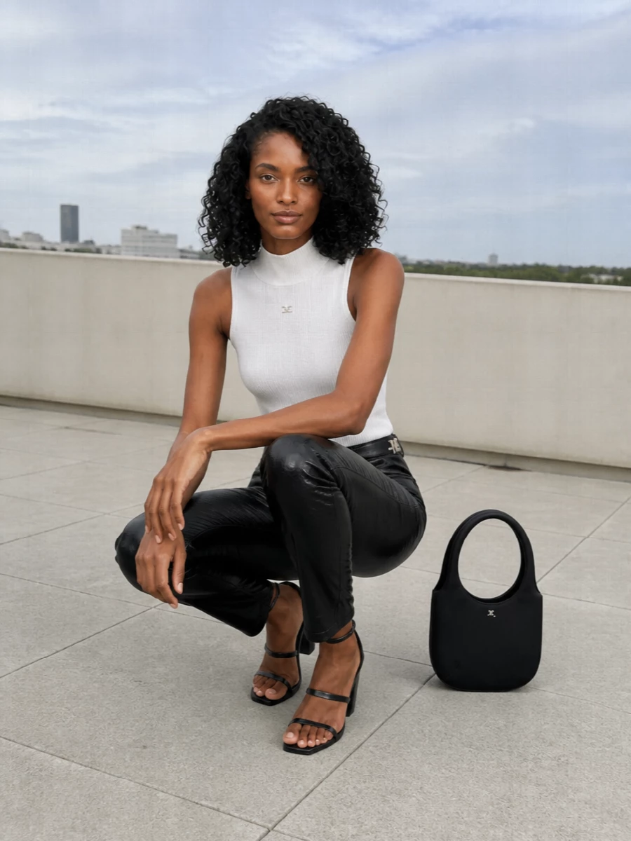 Courreges black vinyl jeans white top outfit