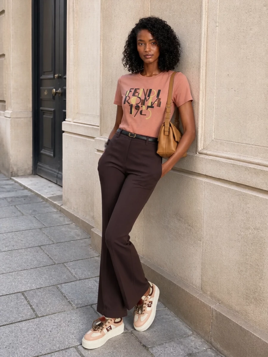 Fendi logo t shirt flared trousers outfit