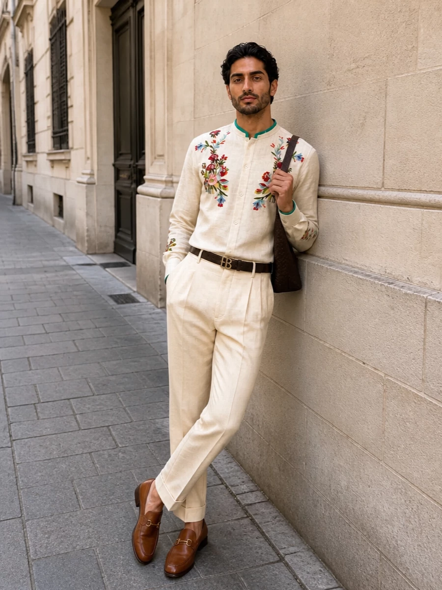 Embroidered mandarin collar shirt pleated trousers