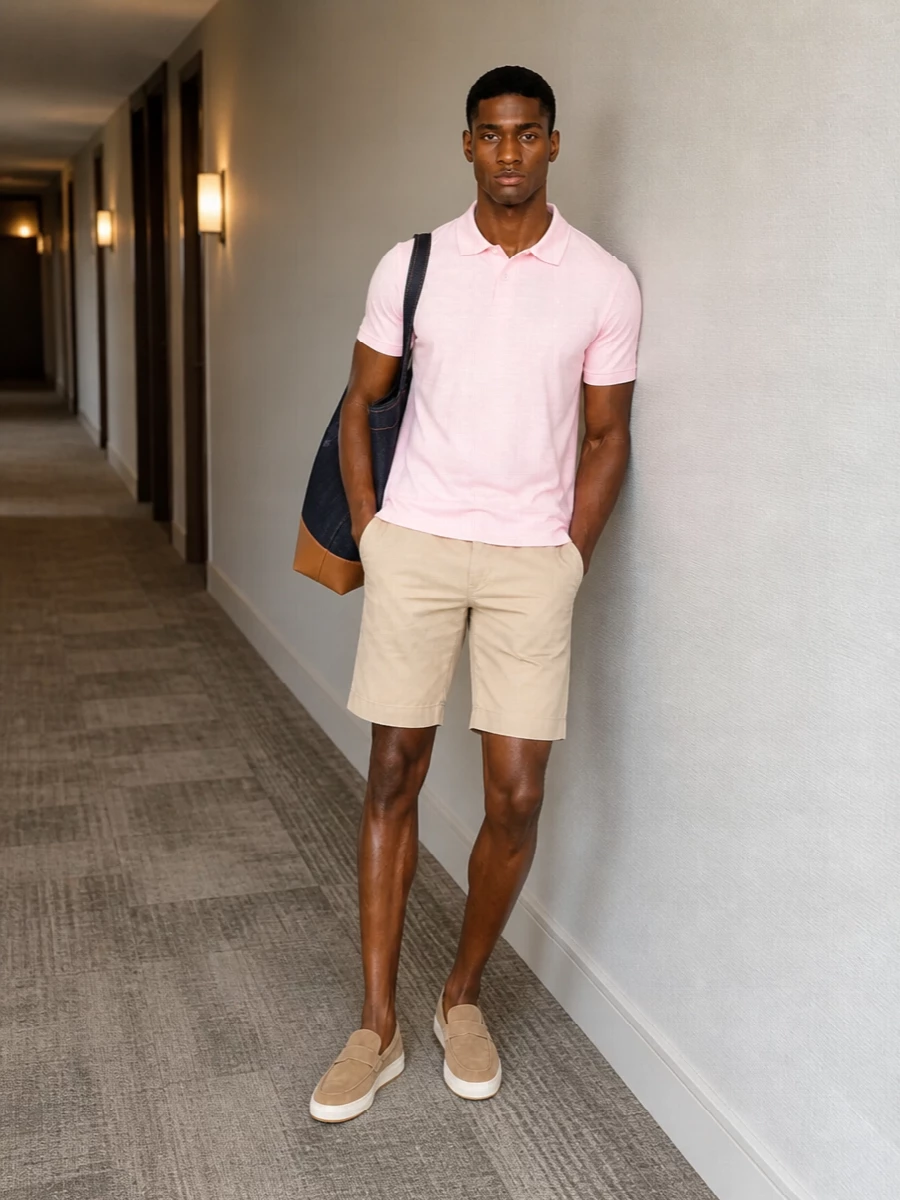 Soft pastels meet grounded neutrals for a clean, modern take on preppy summer dressing. The stone chino shorts and sand suede loafers sharpen the relaxed pink polo just enough, while the structured denim tote keeps it city ready. It is an easy warm-weather uniform that moves from brunch to an afternoon in the park without losing its polish.