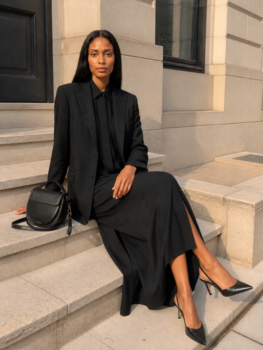 I’m styling the long black Tagliatore blazer over a Max Mara shirt maxi dress for a precise, elongated black column that feels quietly powerful rather than severe. The pointed slingback sharpens the stance without dragging it into overt evening, and the sculpted Wandler bag adds just enough structure and gold hardware to signal intention while keeping everything firmly in the minimalist, high-end lane. I skipped tailoring it as a suit with trousers to avoid doubling up on near-identical blazers and instead let the outerwear act as the only jacket, which keeps the silhouette cleaner and more modern.