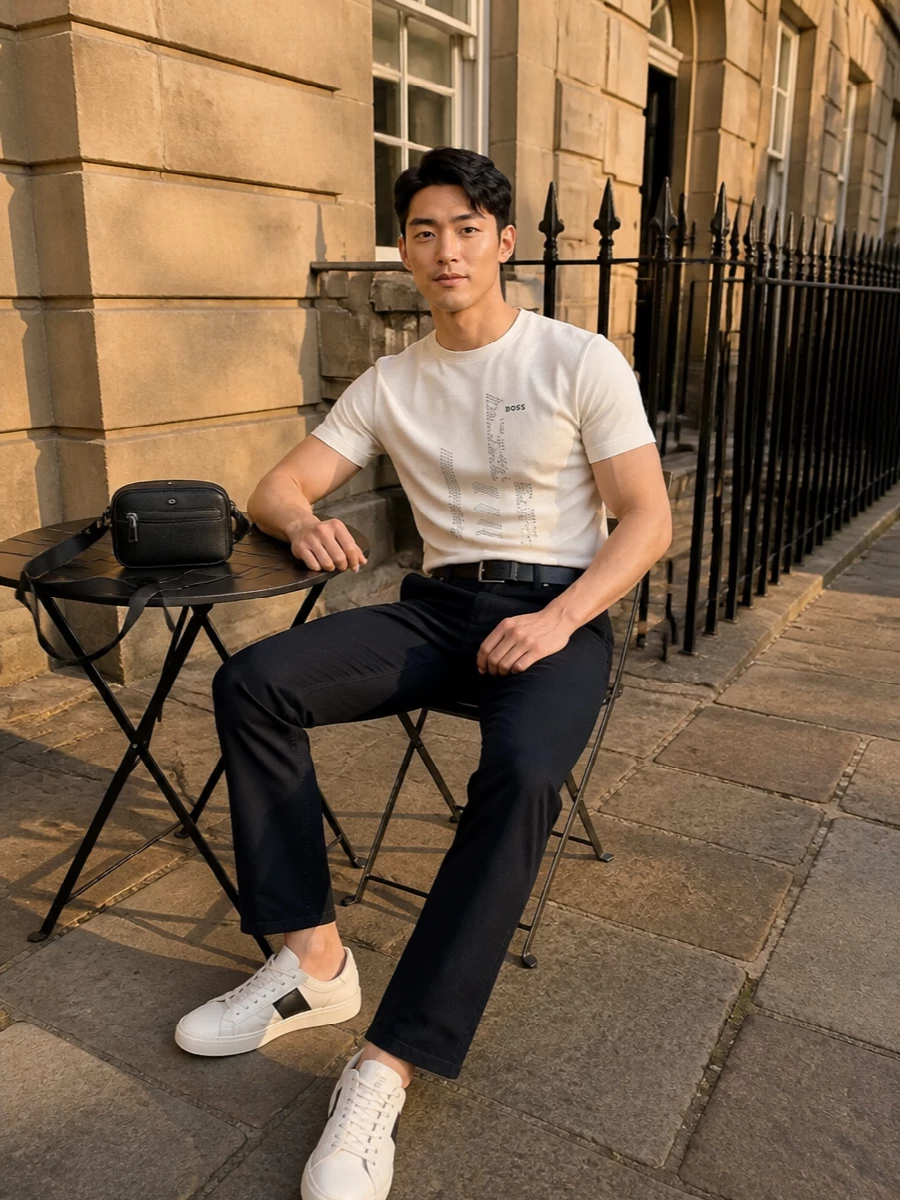 Boss graphic tee navy trousers sneakers