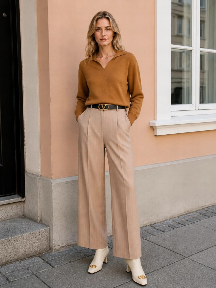 Valentino camel sweater pinstripe trousers outfit