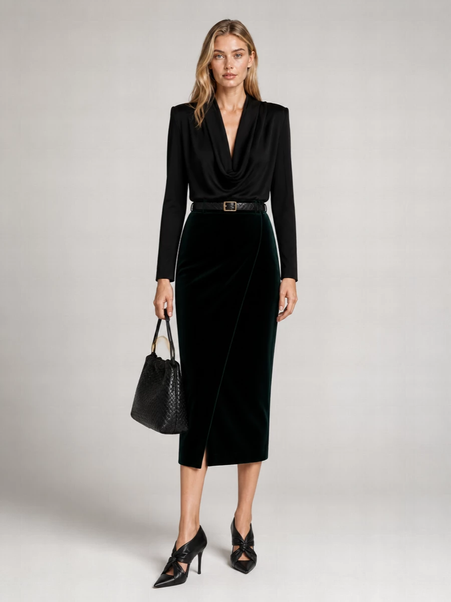 Saint Laurent Cotton Velvet Wrap Midi Pencil Skirt