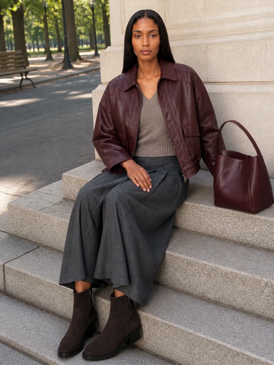 Rohe oxblood leather jacket charcoal wide leg