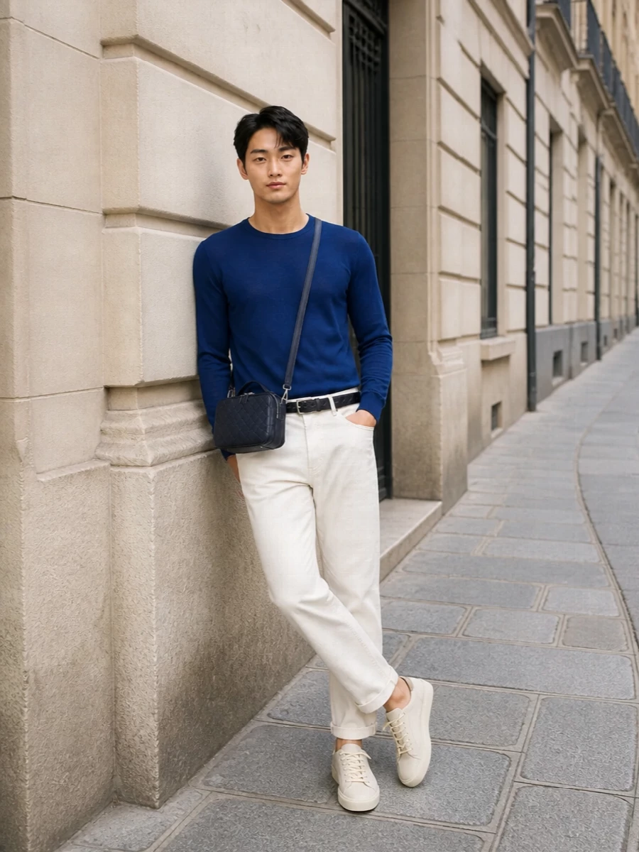 Quiet luxury mens crew neck trousers outfit