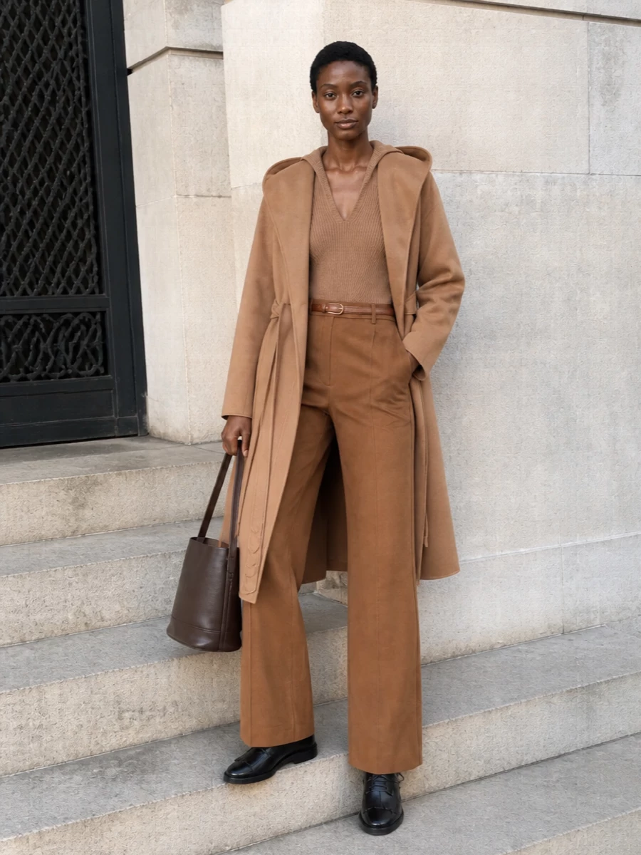 Max mara camel coat wide leg trousers outfit