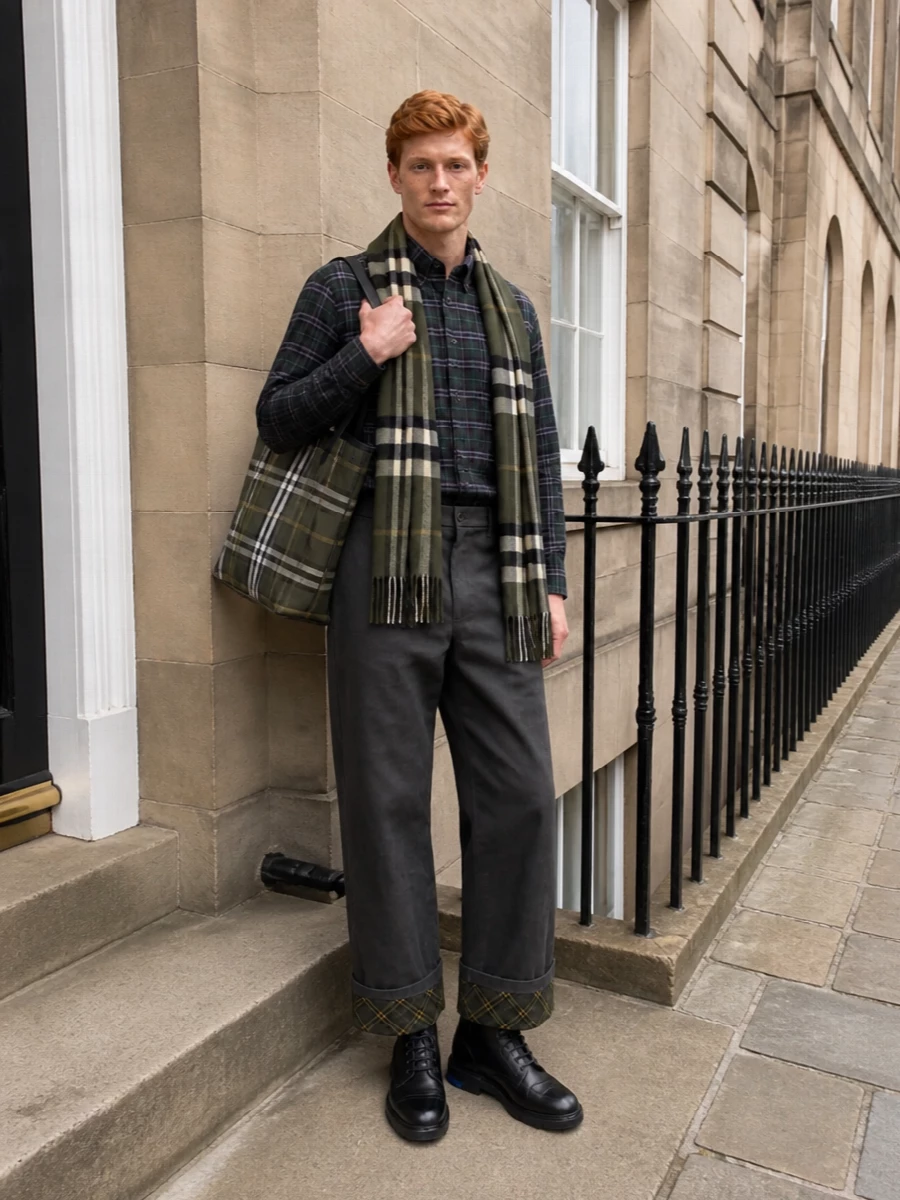 Burberry tartan shirt wide leg trousers boots