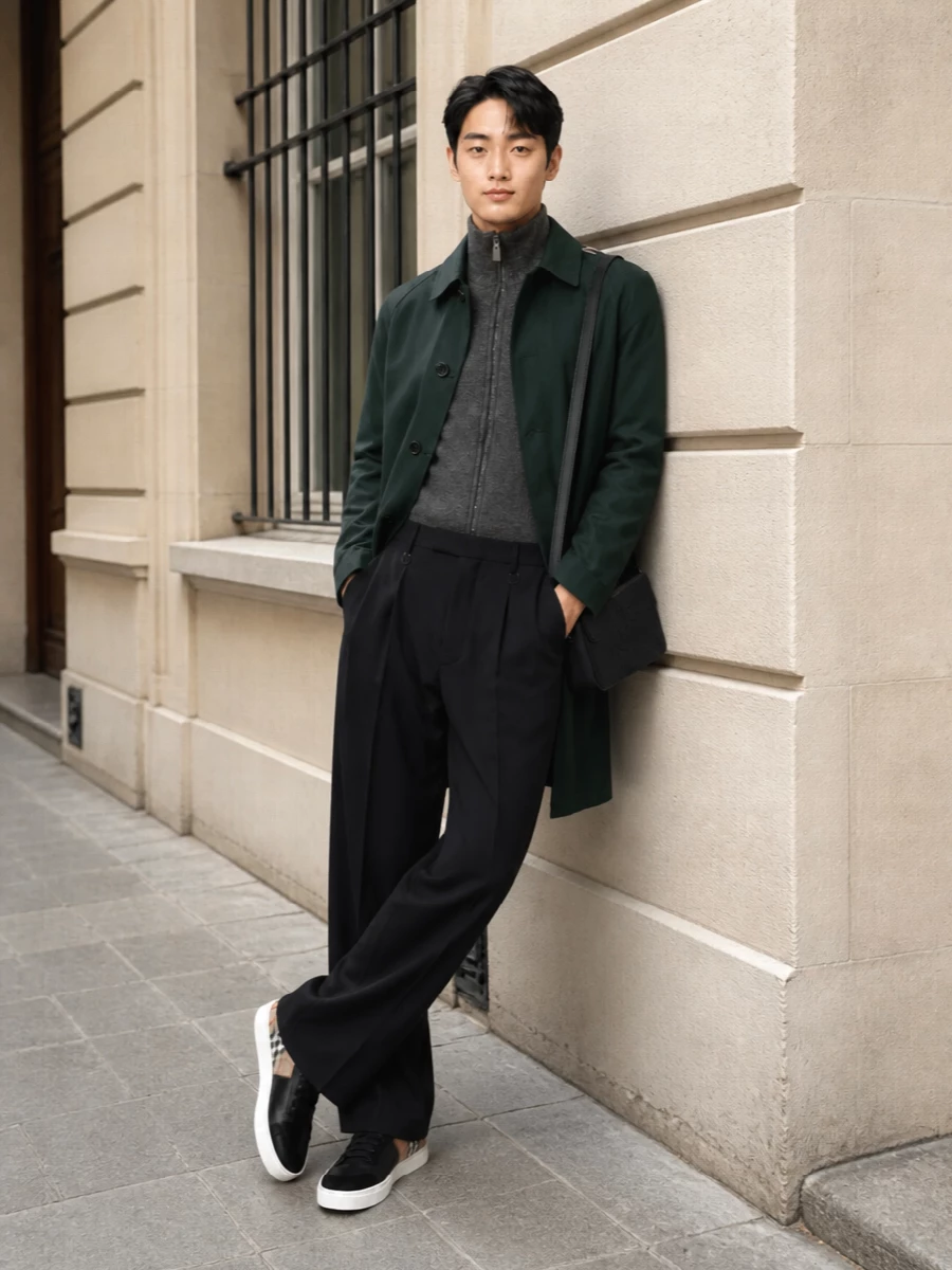 Burberry green coat wide leg trousers spring outfit