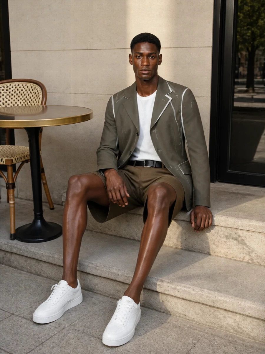 Comme des garcons blazer tailored shorts outfit