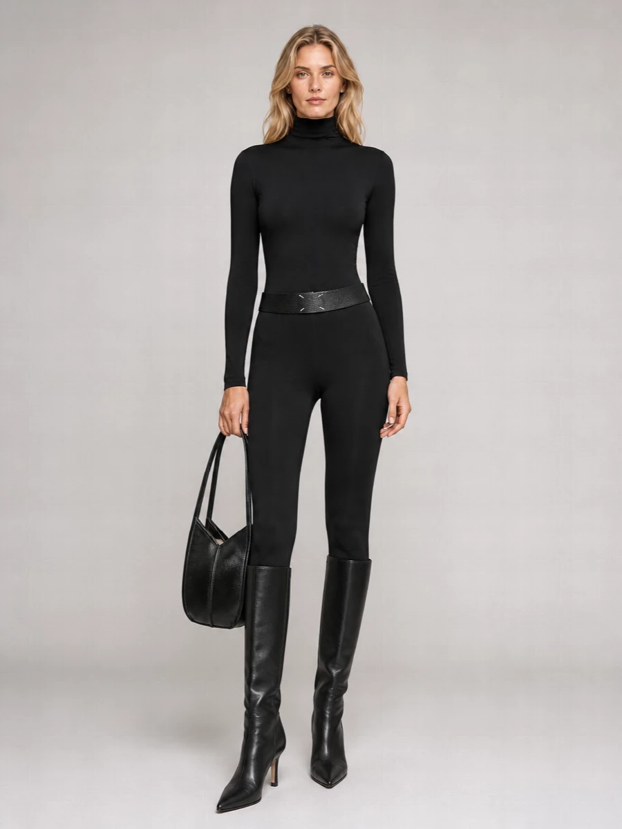 A pure black column of Wolford tights and a second-skin turtleneck bodysuit creates a clean, uninterrupted base that feels understated yet precise. Knee-high boots keep the eye moving in one long line, while a compact structured tote and a discreet belt add just enough architecture and texture. The result is a quietly assured winter uniform that is as sharp in a gallery as it is at a late dinner.
