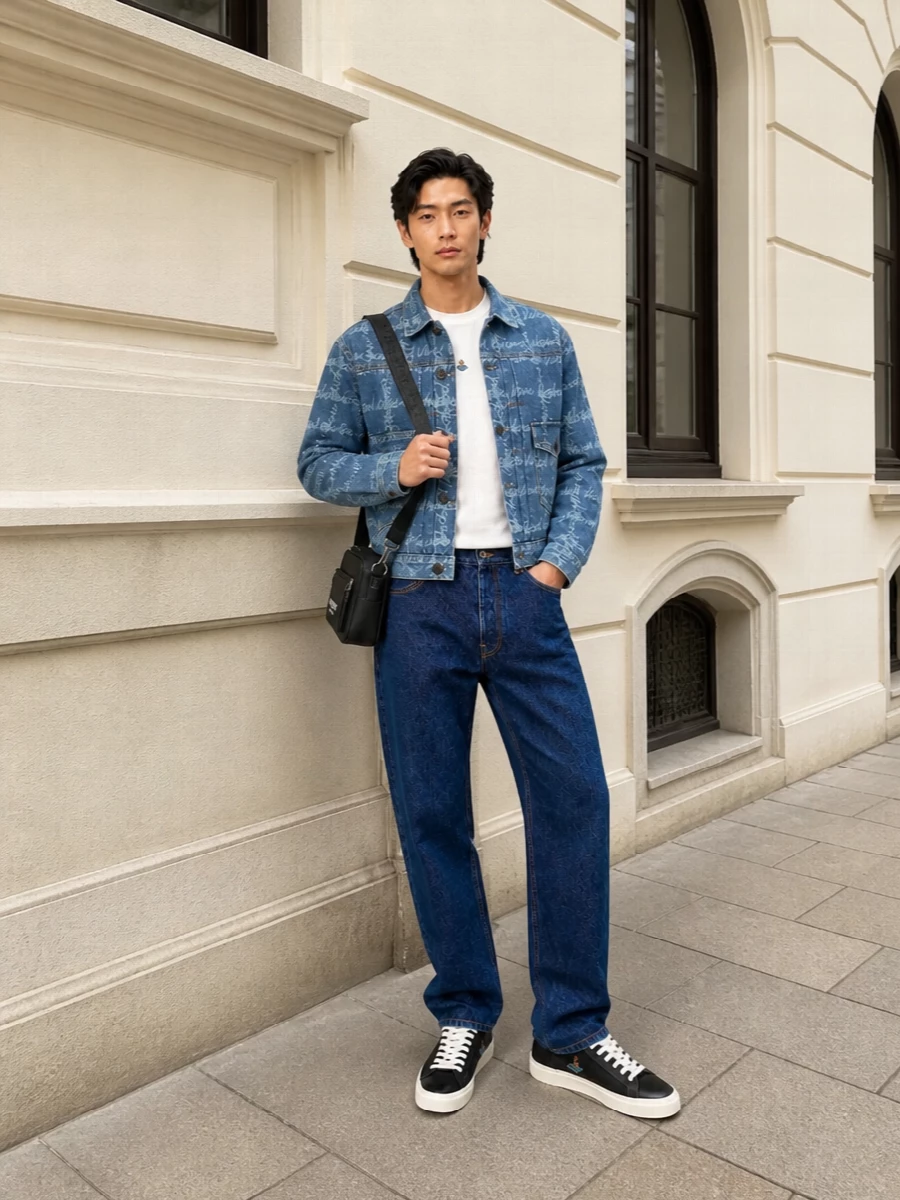 Vivienne westwood denim jacket off white jeans outfit