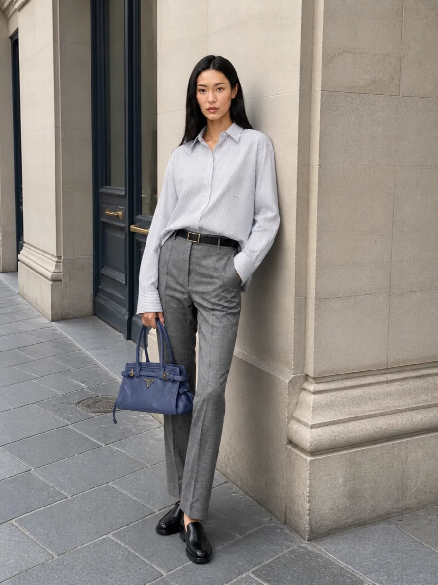 Prada oversized striped shirt grey trousers outfit