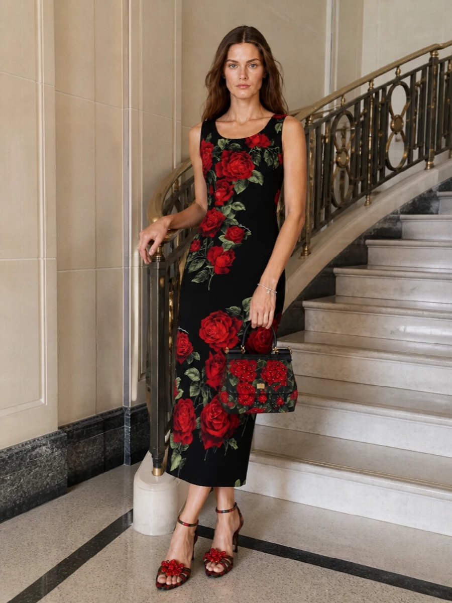 Dolce gabbana rose print midi dress outfit