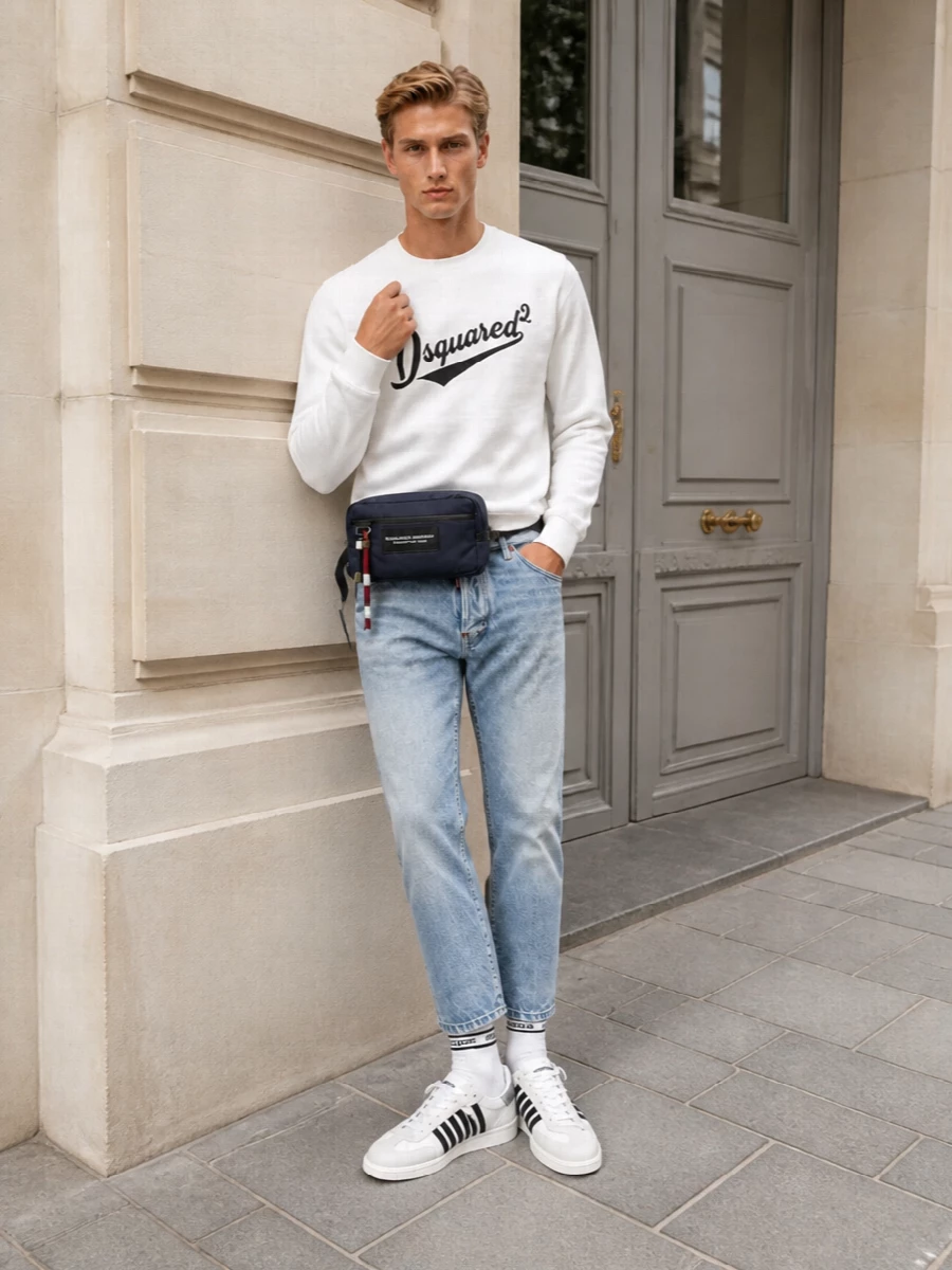 Dsquared2 white sweatshirt jeans sneakers outfit
