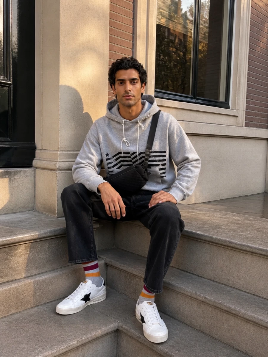 Golden goose grey hoodie black jeans sneakers