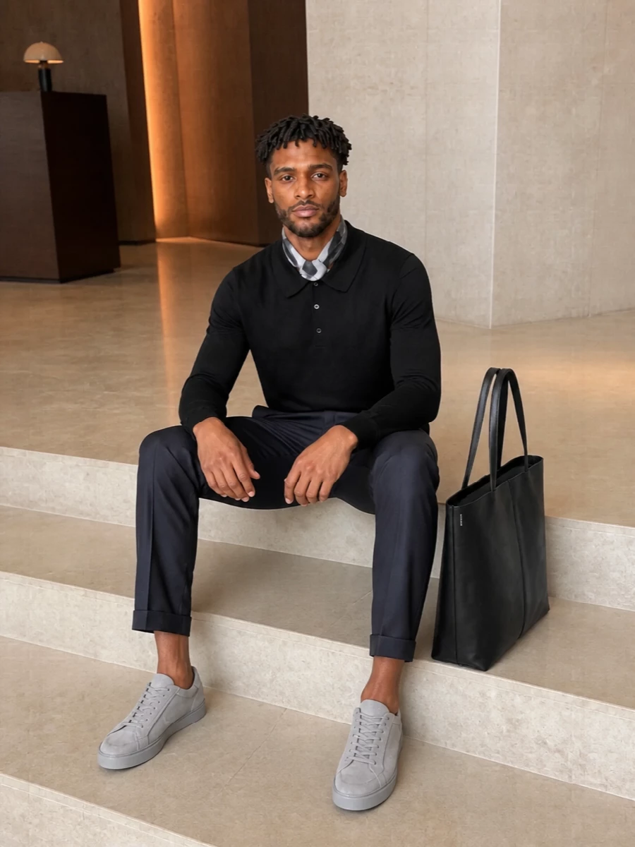 John smedley polo navy trousers tods sneakers