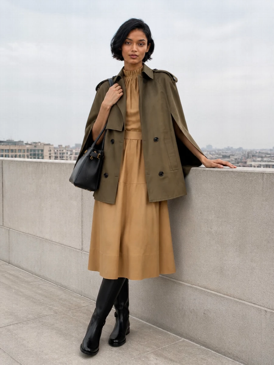 Burberry cape camel midi dress riding boots