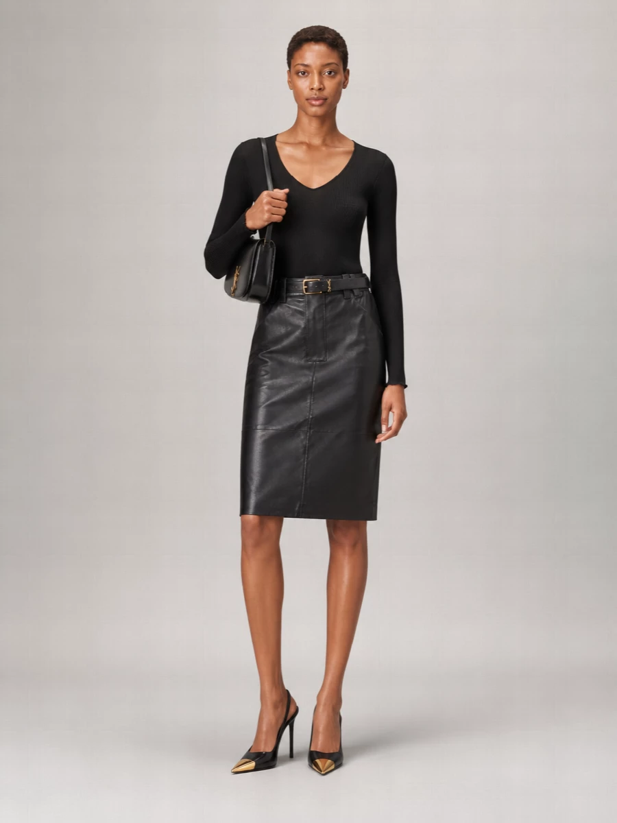 Saint Laurent Silk Ribbed V-Neck Long-Sleeve Top