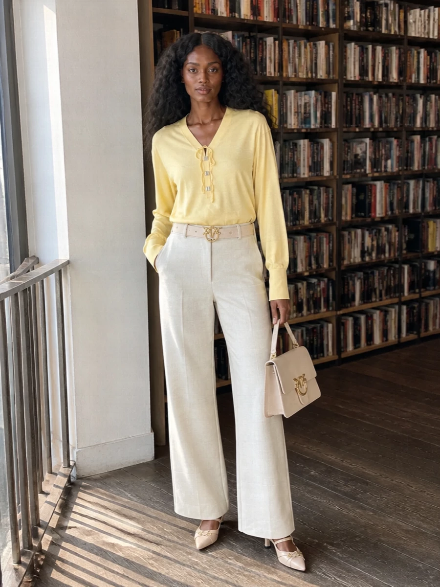 Pinko pastel yellow top ivory wide leg trousers
