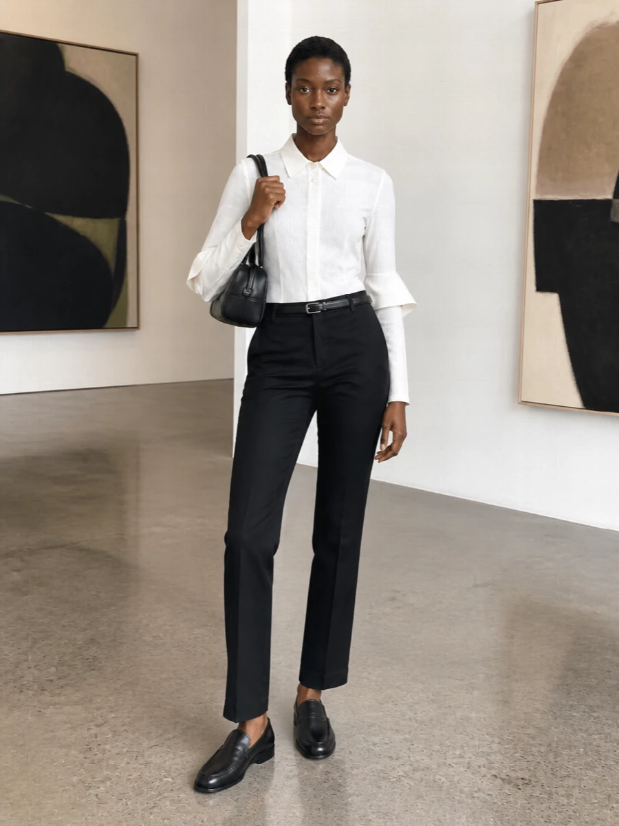 The ivory Loewe shirt is grounded with long black tailored trousers for a quiet, high-contrast take on office dressing. Black loafers and a structured mini duffle keep the line clean and assured. A slim belt is optional, simply sharpening the waist without disturbing the calm palette.