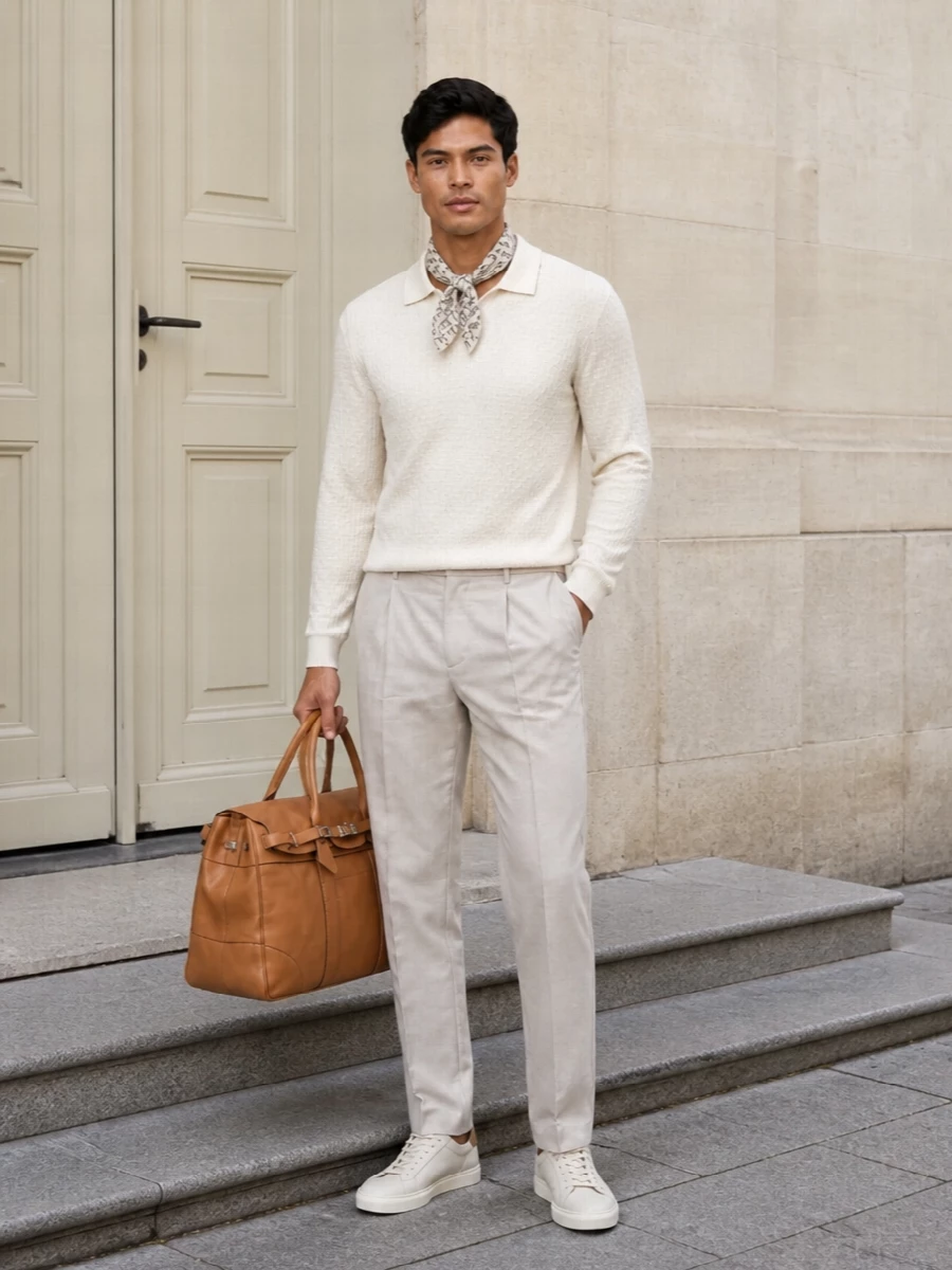 Brunello cucinelli stone trousers cream knit outfit