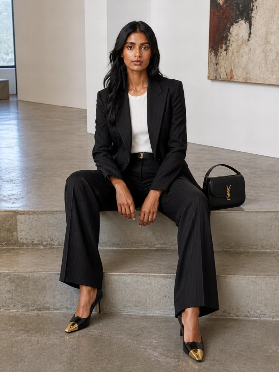Saint laurent womens black pinstripe suit outfit