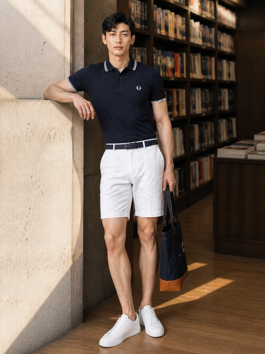 Fred perry navy polo white chino shorts outfit