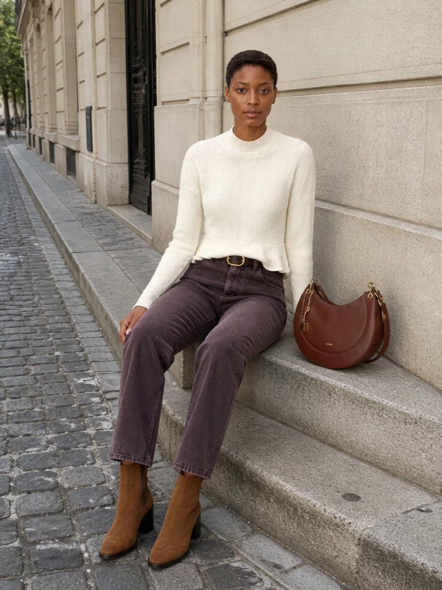 Chloe ivory sweater plum denim brown leather