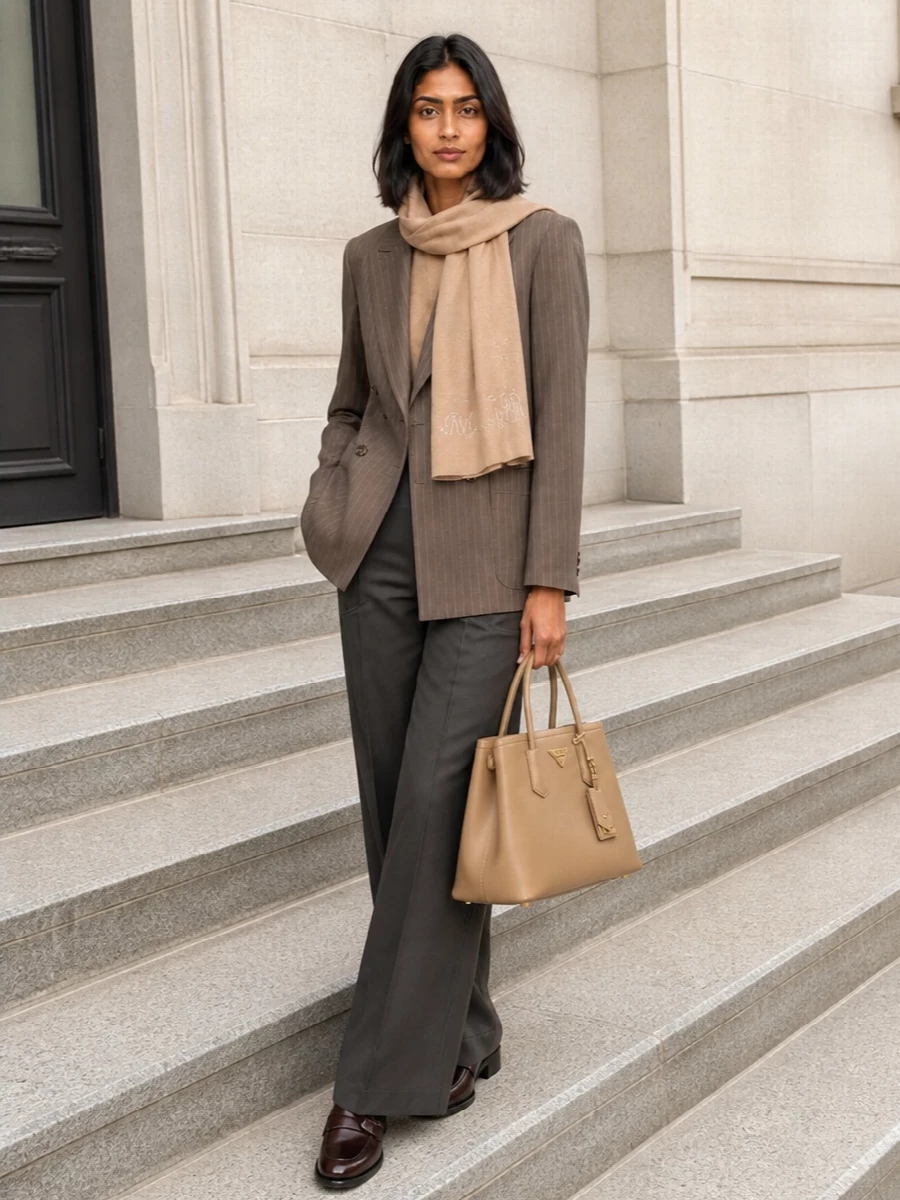 Max mara pinstripe blazer wide leg trousers outfit