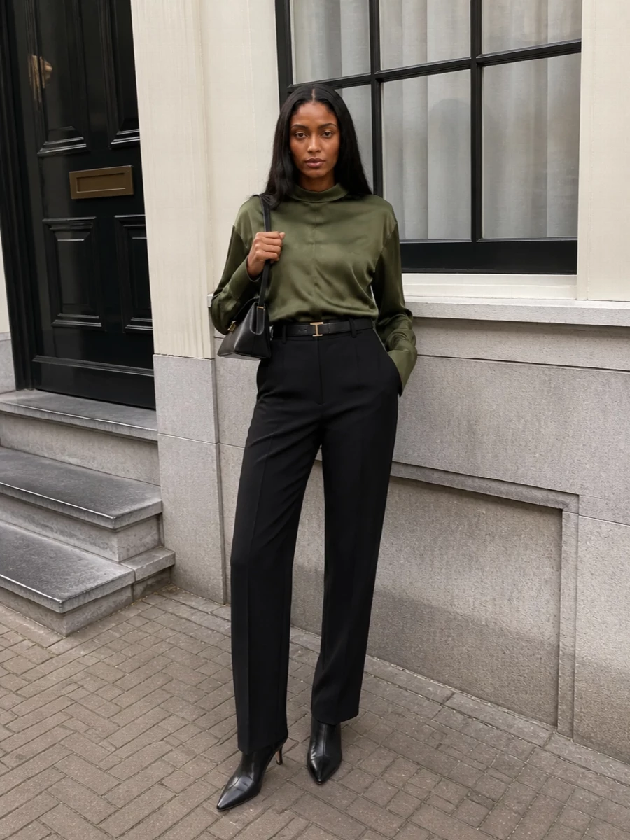 Toteme satin blouse black tailored trousers outfit