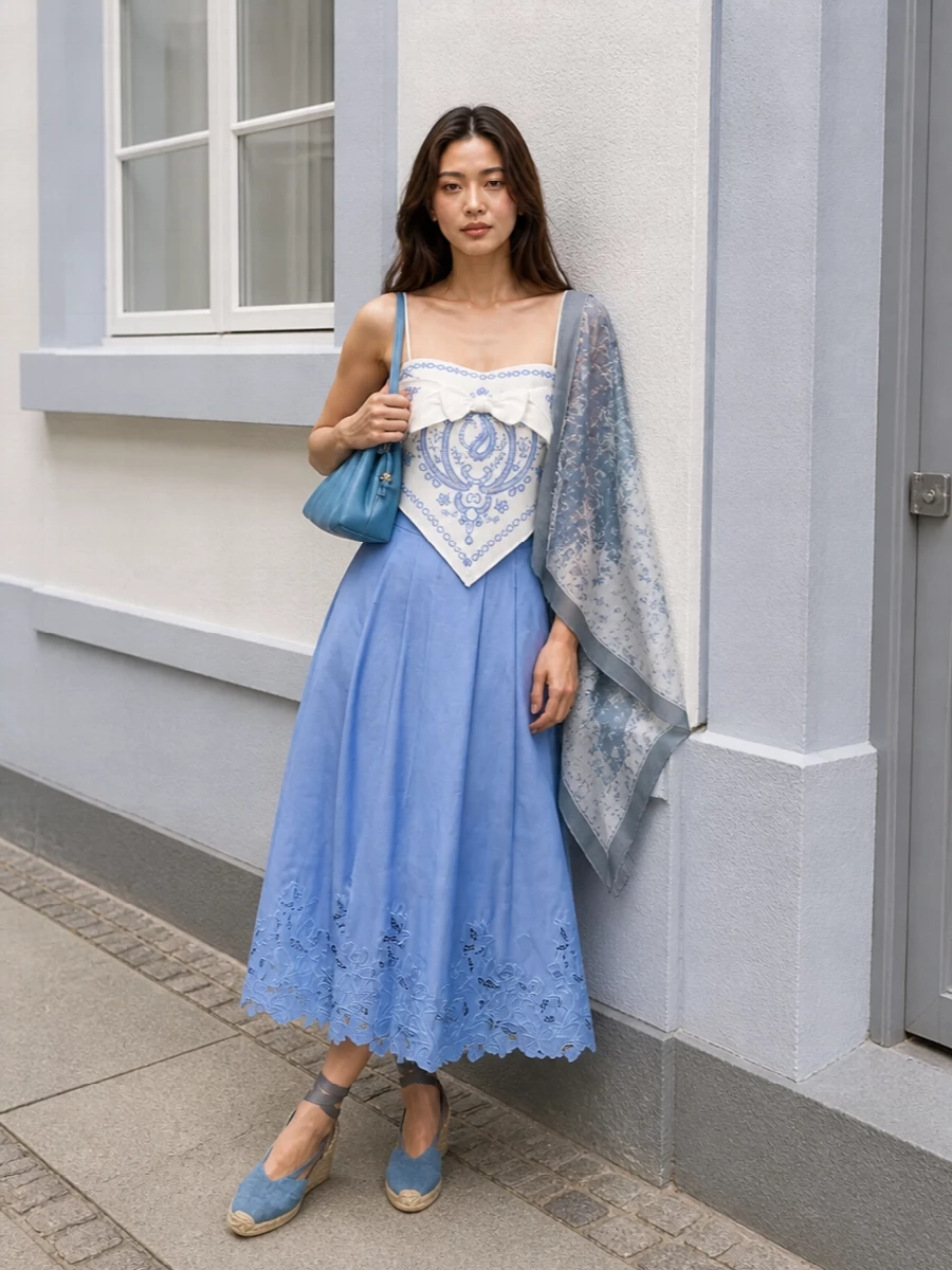 Self portrait paisley cami blue midi skirt outfit
