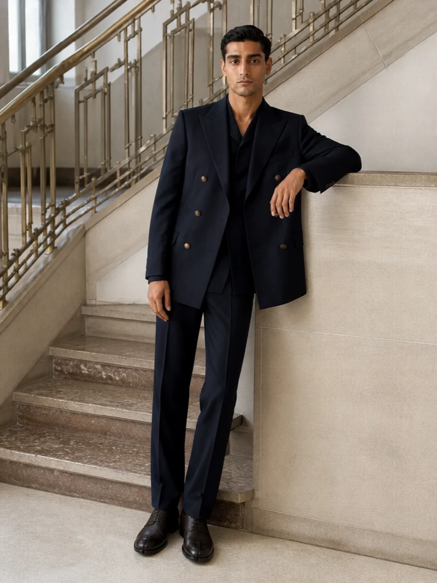 This is tailored evening dressing framed in deep navy and chocolate, quietly formal without tipping into black-tie. Layer the Golden Goose double-breasted jacket over the Jil Sander blazer and Brioni trousers, then ground it with Margiela derbies and a dark leather Burberry tote for a polished city dinner or gallery-night uniform.