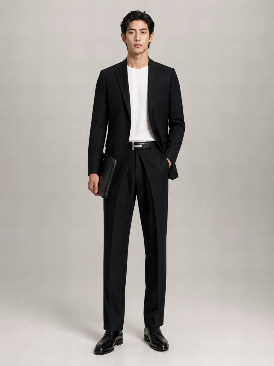 A black-on-black tailored column lets the Tom Ford belt do the talking, its silver T-bar echoing the quiet polish of the cap-toe Oxfords and slim leather clutch. The Celine blazer and Givenchy trouser keep the silhouette precise and architectural, giving you a modern evening uniform that reads calm, expensive and considered without a hint of fuss. It is formal enough for dinners and gallery openings, yet minimalist enough to feel natural with or without a tie.
