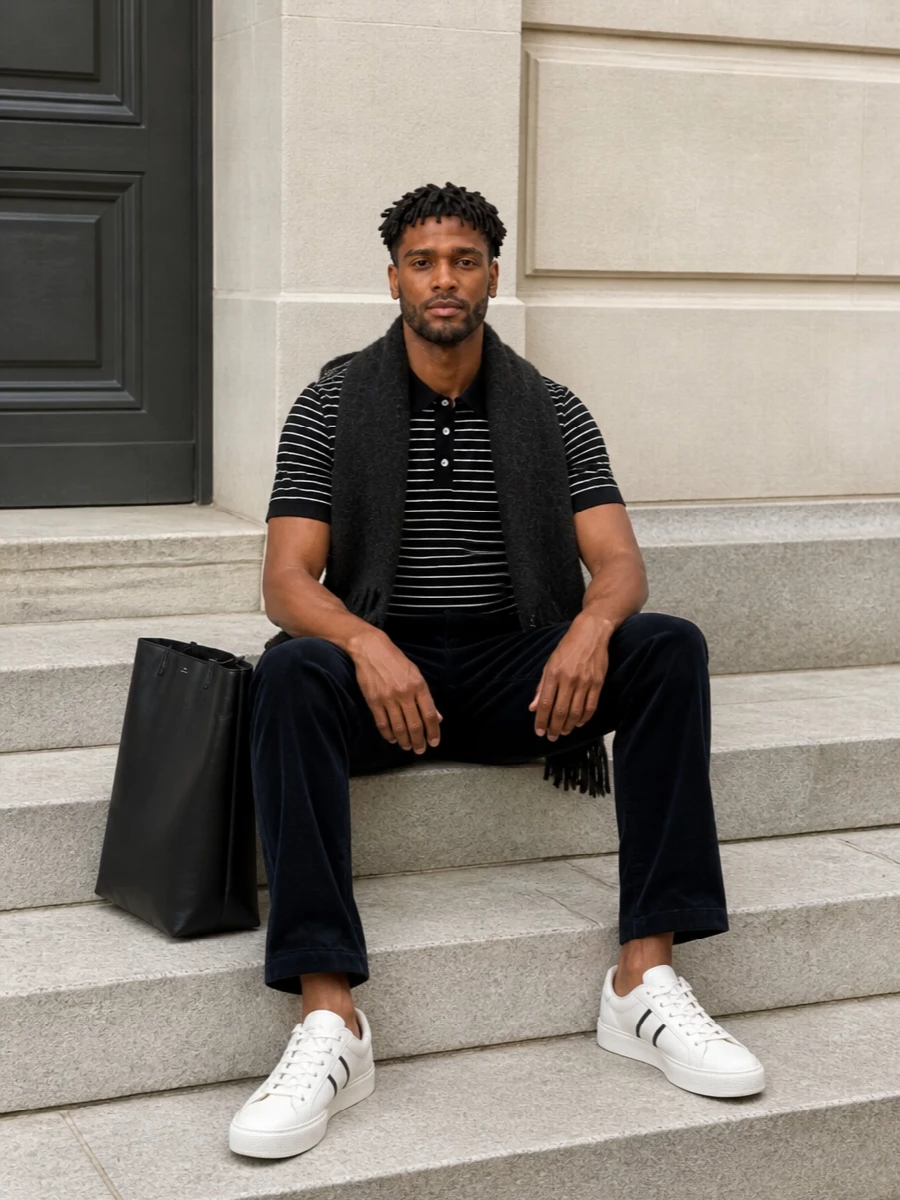 Apc striped polo corduroy trousers outfit