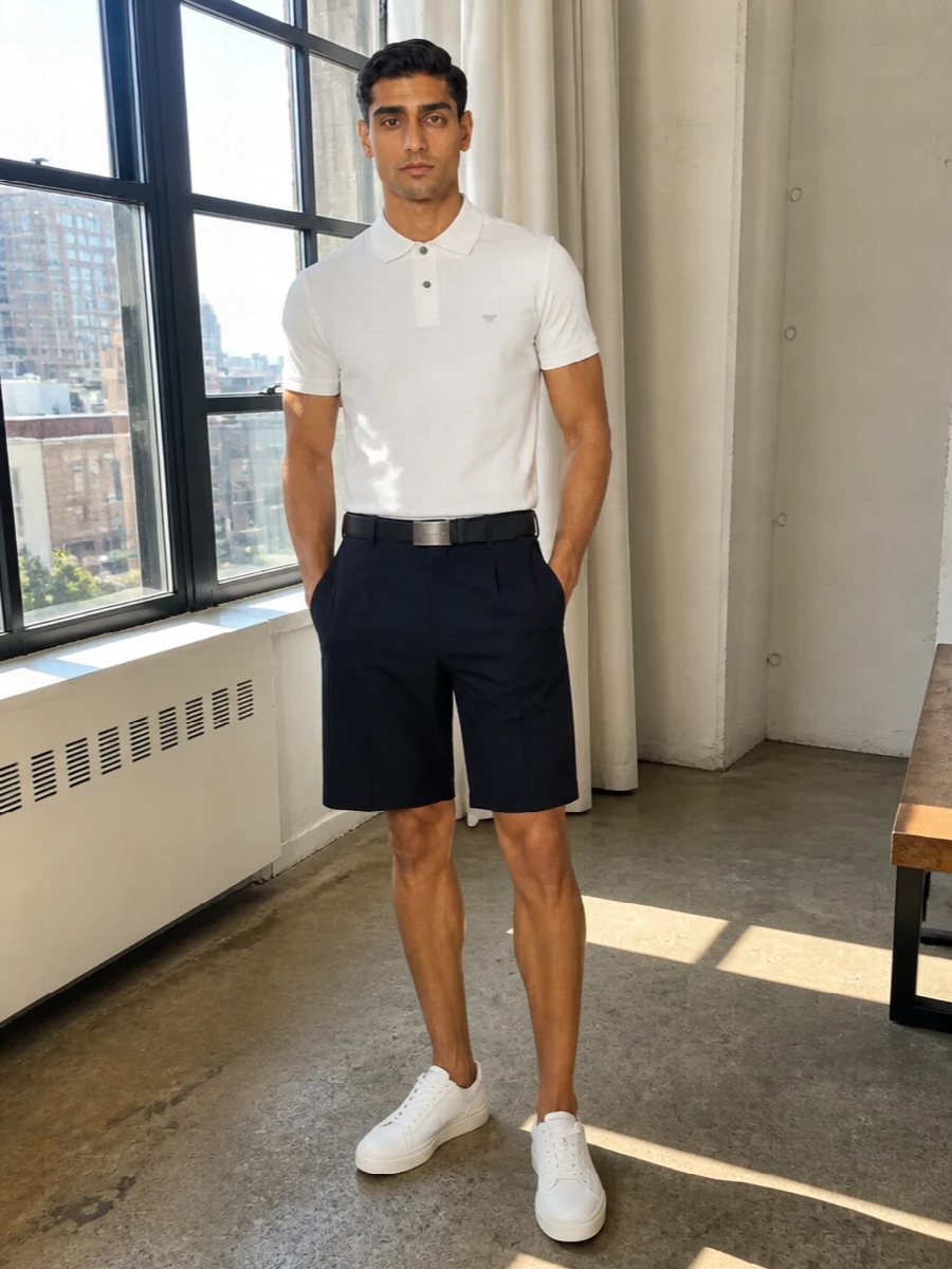 Emporio armani white polo navy shorts outfit