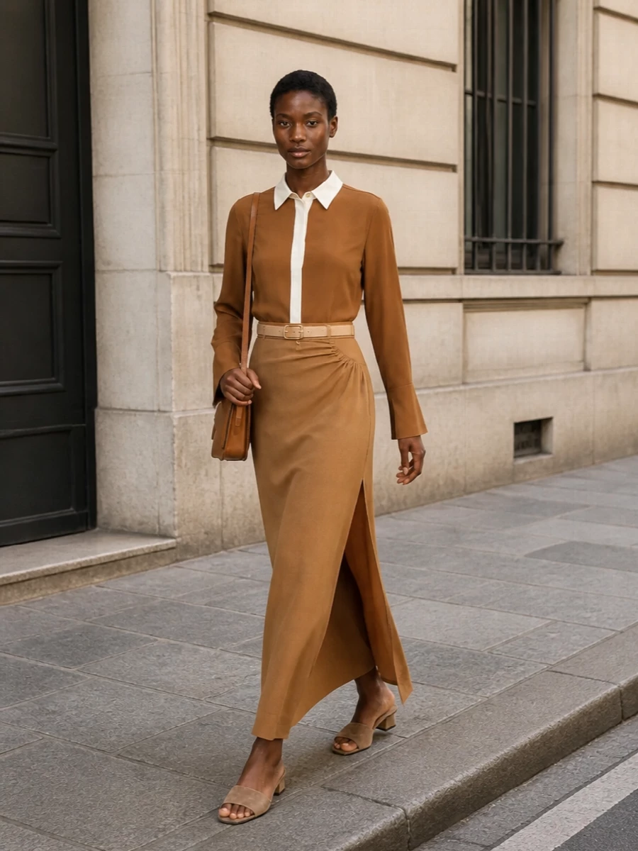 Max mara camel maxi skirt blouse outfit