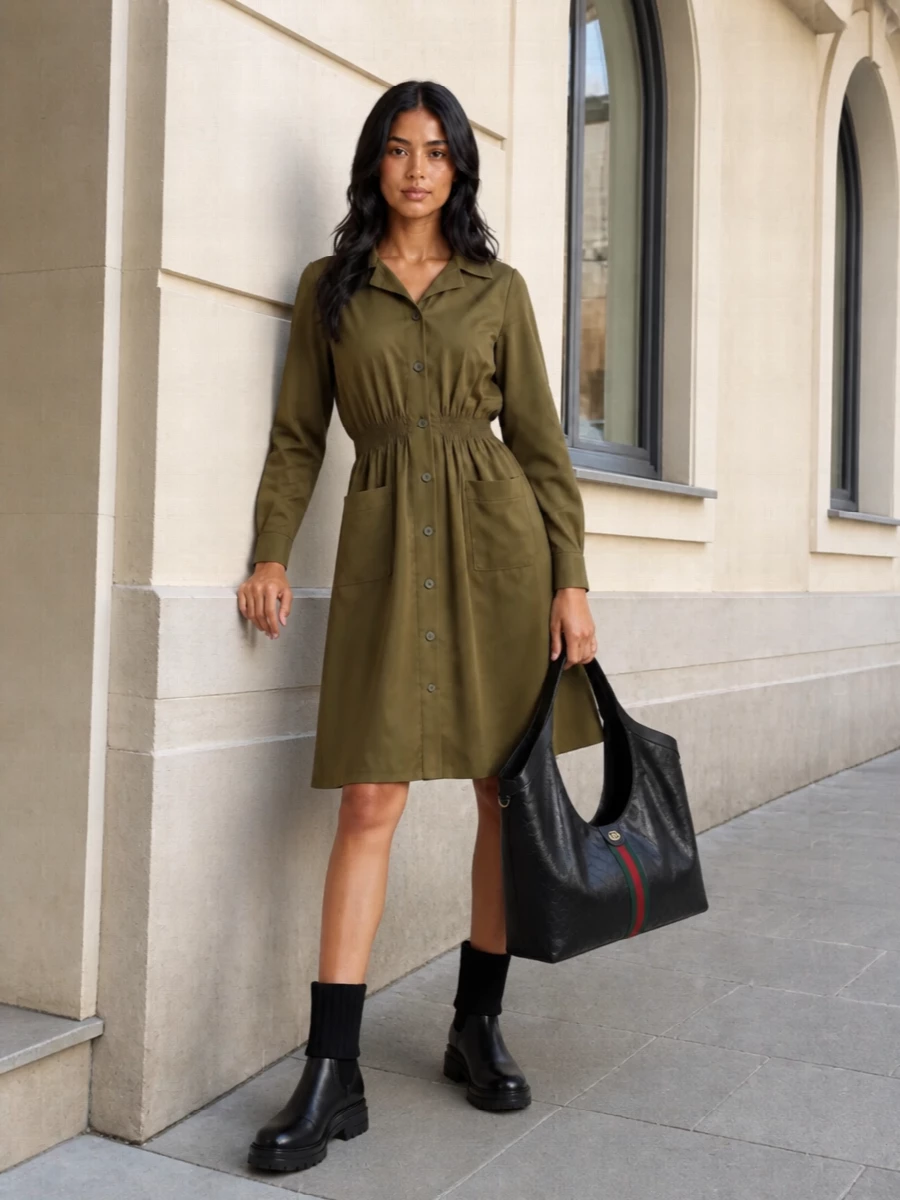 Miu Miu’s olive shirt dress and the black Gucci tote create a refined utilitarian base, with the cinched waist and pockets keeping the mood practical yet understated. Chunky black ankle boots add just enough edge, grounding the proportions and tying back to the tote’s leather and hardware. Choosing the dress route keeps the story concise and uniform-like, which flatters the bag’s structured presence more than mixing separate tailoring pieces would.
