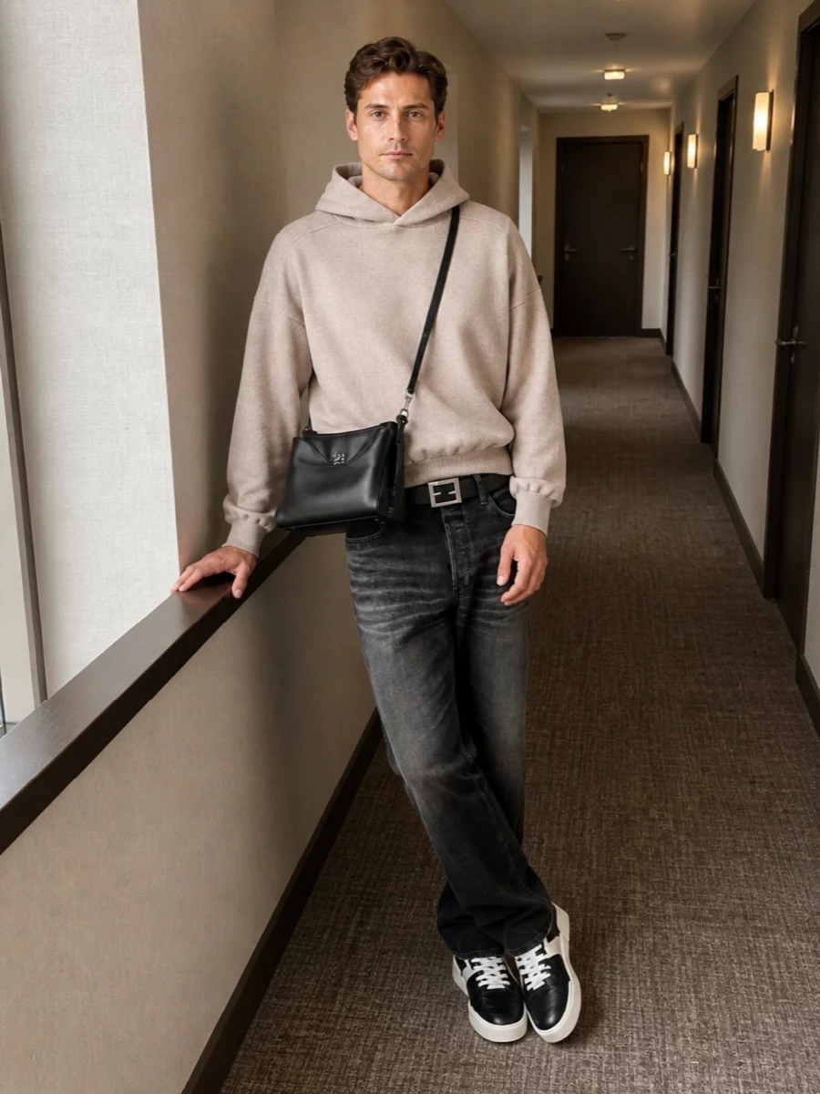 Fear of god jeans beige knit hoodie outfit