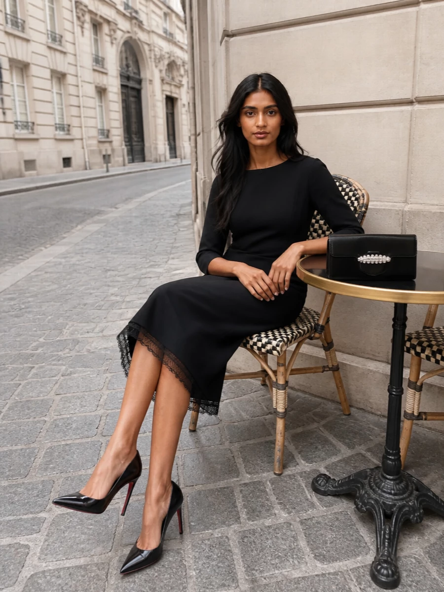 Anchoring the outfit with the Ferretti sheath, rather than separates, keeps the focus on a single, uninterrupted black column that flatters the razor-sharp Louboutin pump. The clean bateau neckline and discreet lace at the hem balance sensuality with restraint, reading as polished evening wear rather than trend-driven occasion dressing. A compact black crystal-closure clutch slips in as the only real sparkle, so the red sole and precise tailoring remain the quiet statement.