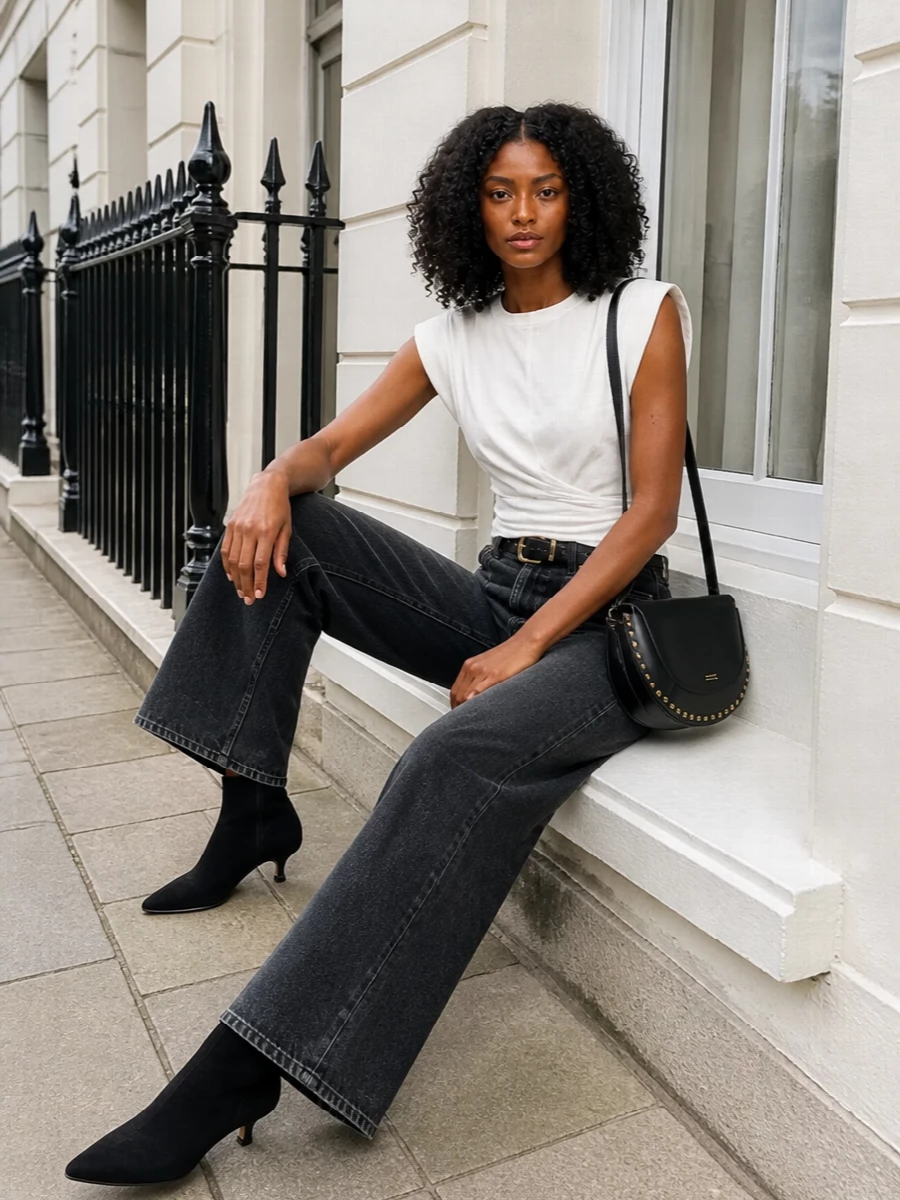 Isabel marant wide leg jeans white top boots