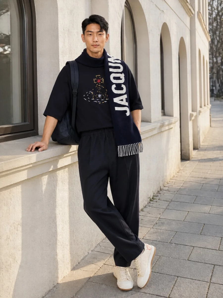 A navy-on-navy story keeps the Orb embroidery front and centre, with loose tapered trousers mirroring the sweatshirt’s relaxed structure. Cream canvas sneakers and a padded navy backpack lighten the palette just enough, reading street but still polished. The graphic navy scarf adds winter warmth and a single confident logo hit without breaking the minimalist rhythm.