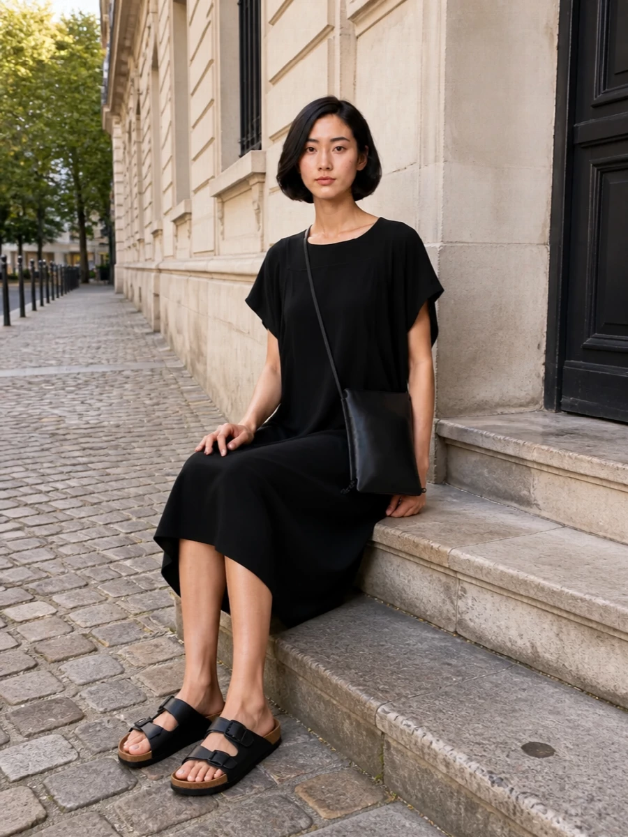 The flat black Birkenstock slides ground a fluid Dries Van Noten black shift dress, keeping the mood relaxed yet precise. The slim black Hereu cross-body adds just enough structure and utility, so the outfit moves easily from gallery afternoons to late terrace dinners without ever feeling overdressed. I chose the dress route over separates to keep the line long and unfussy, which suits the sandals’ pared-back character best.
