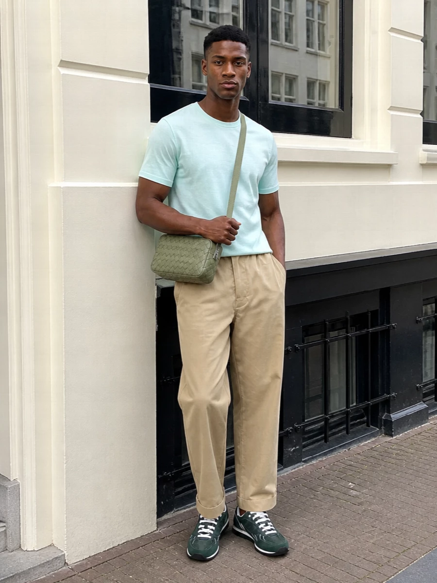 Bottega veneta green sneakers sand trousers outfit