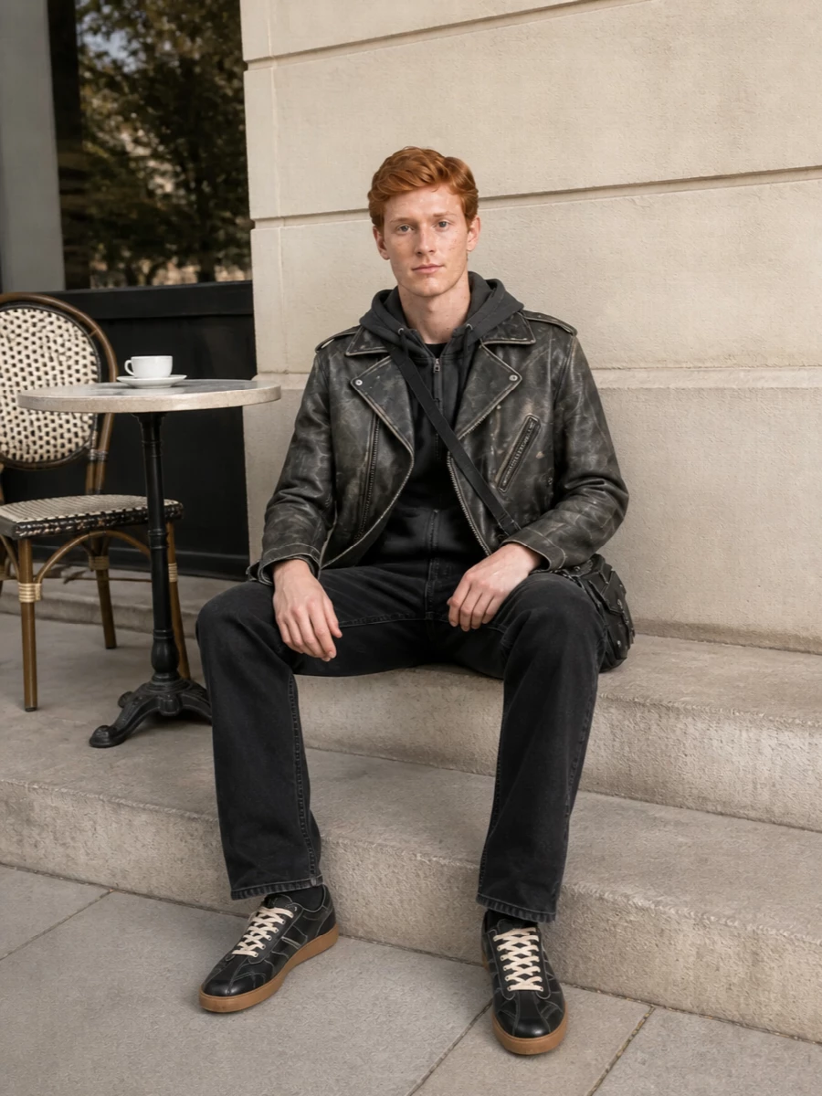 Maison margiela biker jacket charcoal jeans outfit
