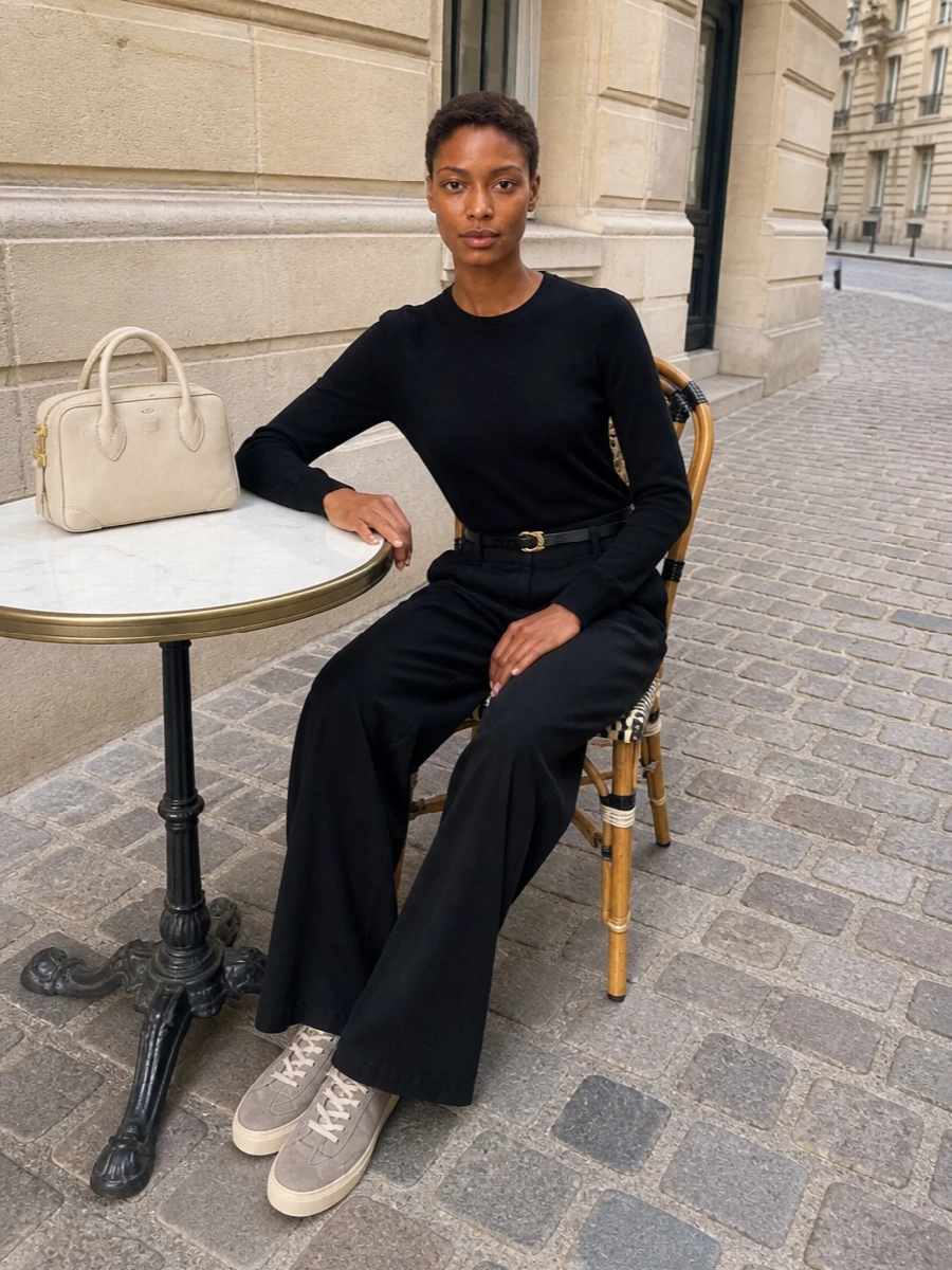 Golden goose black knit wide leg trousers outfit