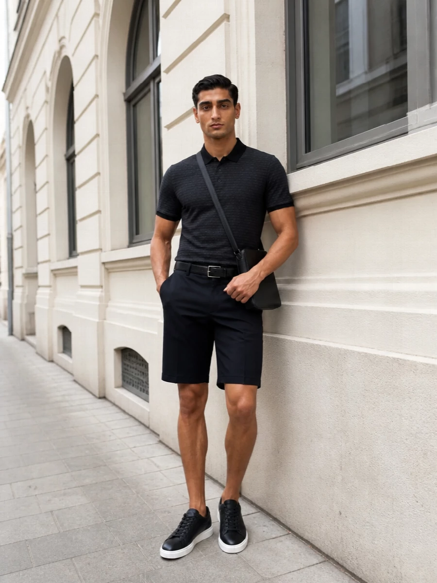 Charcoal and navy sit together with quiet precision, the tailored shorts keeping the polo firmly in city-smart territory rather than resort casual. Black leather sneakers and a slim crossbody keep the lines clean and modern, while the simple belt sharpens the waist. It is a warm-weather uniform that reads considered at lunch, in the office or out in the evening without ever feeling stiff.